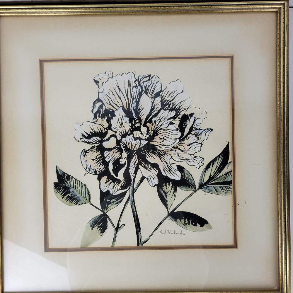 Vintage Paul Richards Peonies Framed Watercolor Painting Flower Art Signed